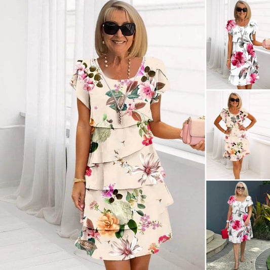 Cascade dress with floral pattern and several plants